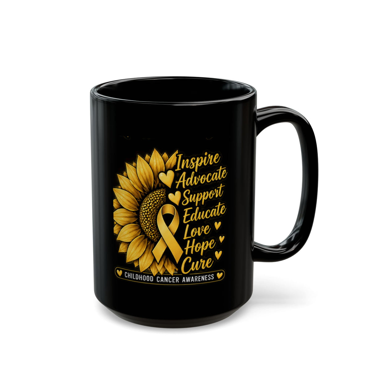 Childhood Cancer Awareness Sunflower Mug – Inspire Advocate Support Educate Love Hope Cure (Black, 11oz/15oz)