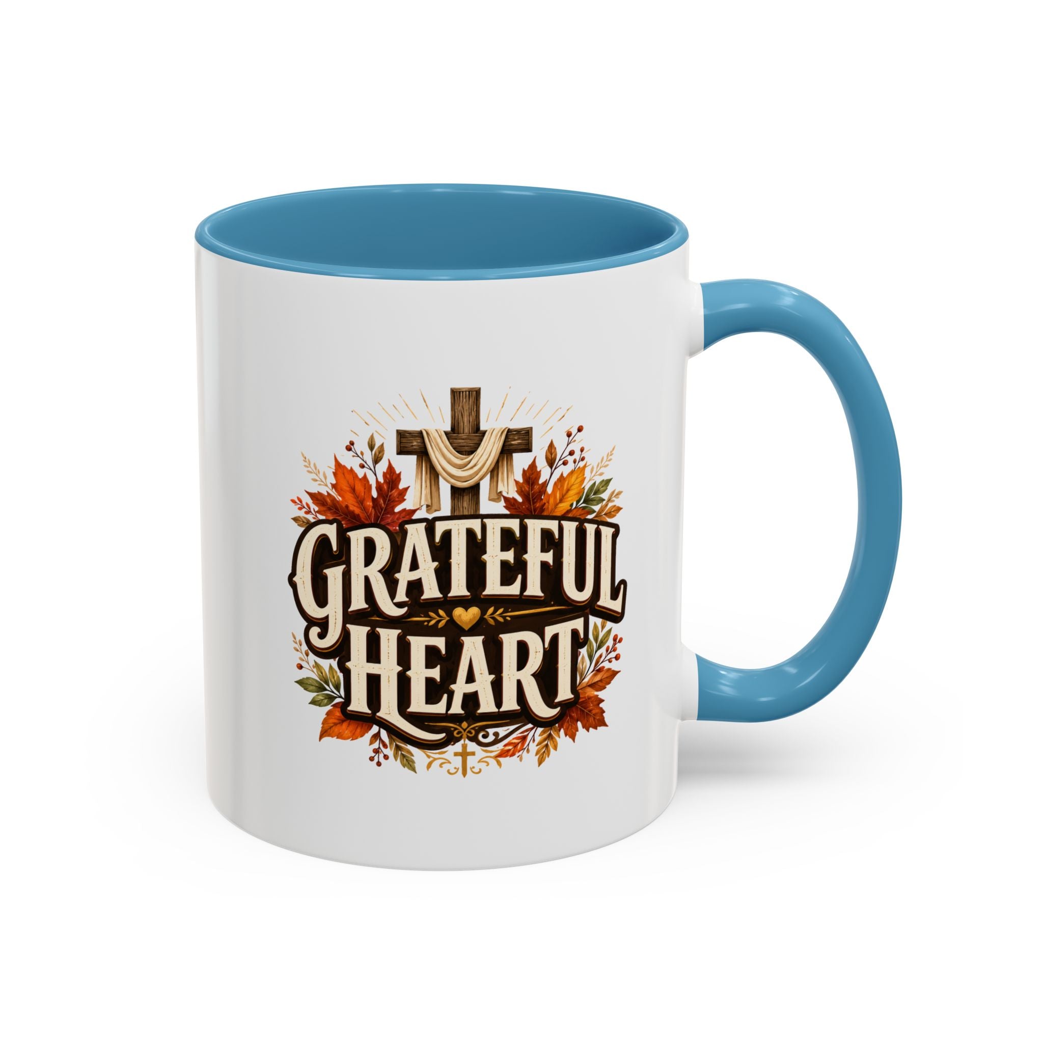 Thanksgiving Mug Grateful Heart Accent Coffee Mug – Autumn Leaves & Cross Spiritual Thanksgiving Gift