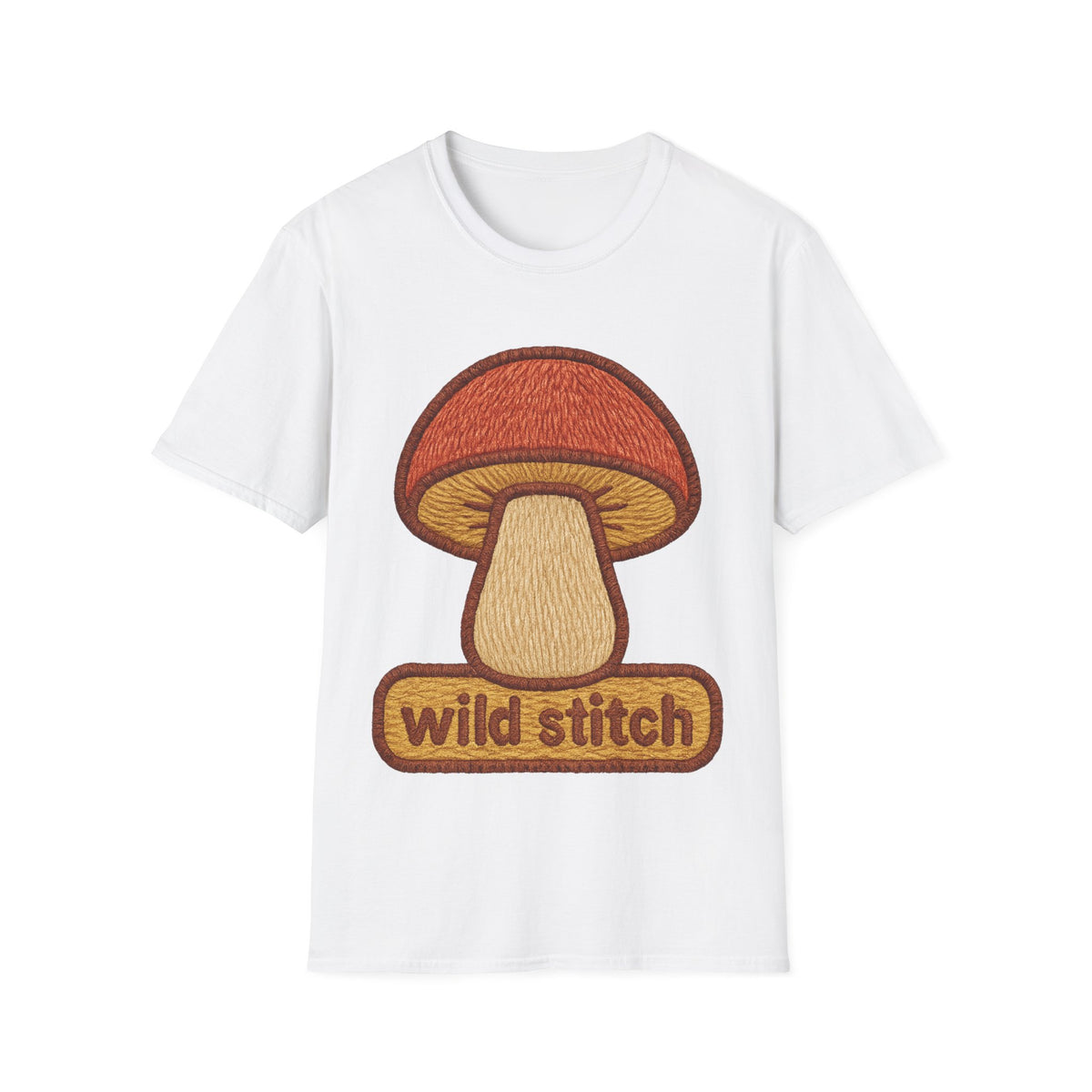 "Wild Stitch" Cute Hand Stitched Mushroom Tee - Cottagecore Crochet Crafting White T-Shirt - Trending Now - September 2026