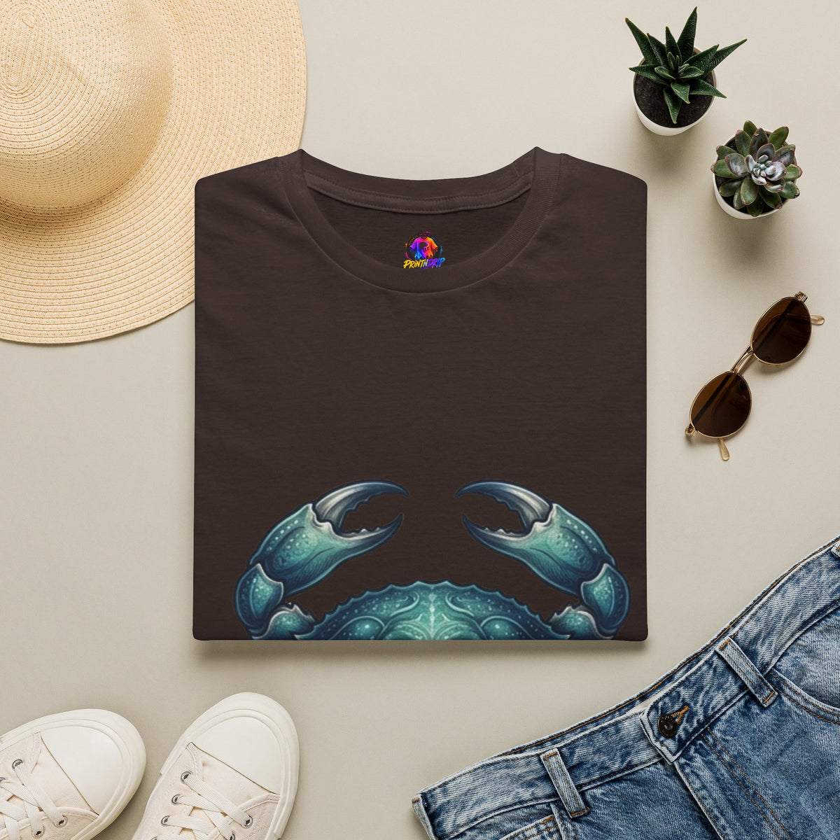 Cancer Zodiac Crabby Coastal Tee - Blue Green Crab Graphic T-Shirt