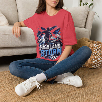 Scotland Highland Storm Soccer T-Shirt — Mountain Soccer Player Graphic Tee