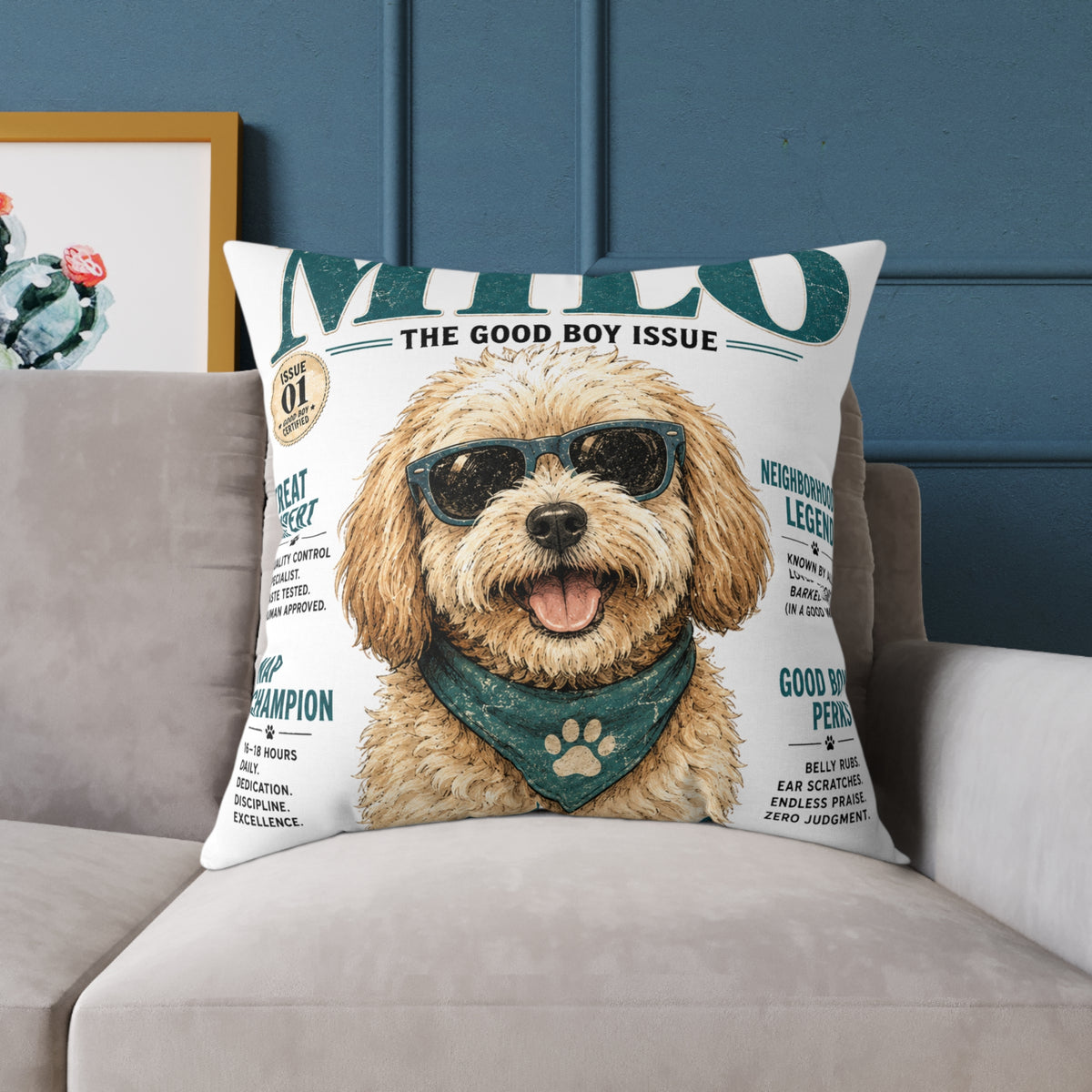 Milo 'The Good Boy Issue' Square Throw Pillow - Milo Bailey Dog Dad Mom Cute Dog Magazine Cover Decor