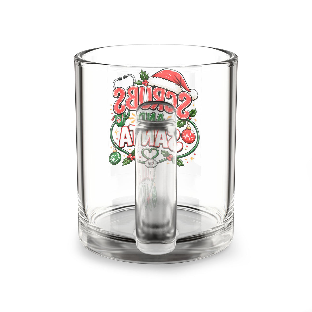 Christmas Glass Mug 10 oz Glass Mug — "Scrubs and Santa" Christmas Nurse Coffee Mug, 10oz