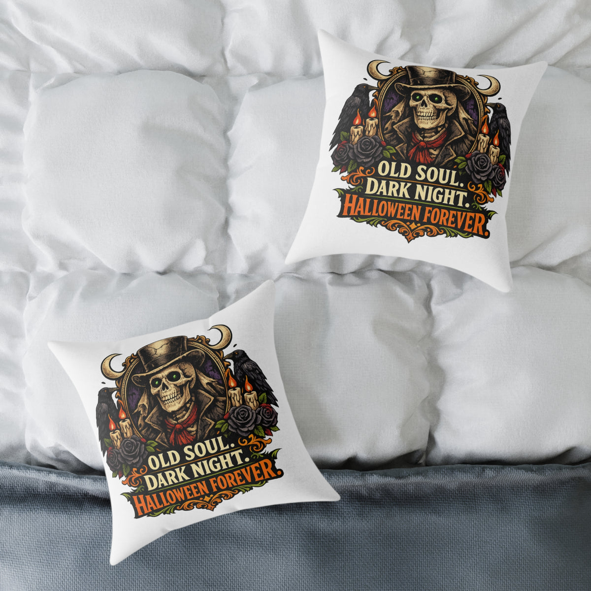 Halloween Skeleton Pillow - "Old Soul, Dark Night. Halloween Forever" Square Decorative Cushion