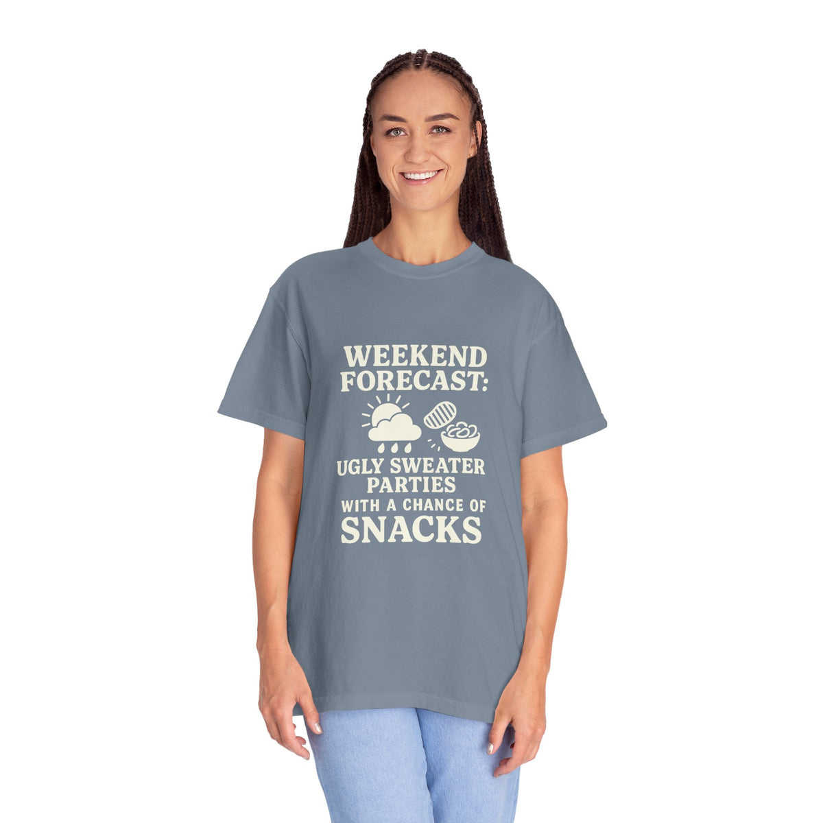 Weekend Forecast T-Shirt — "Ugly Sweater Parties with a Chan of Snacks" Holiday Tee - Trending Now - October 2026