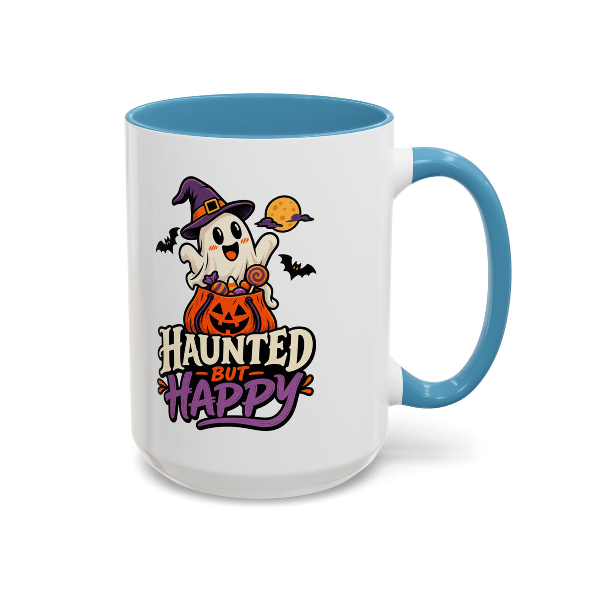 Haunted But Happy Coffee Mug — Halloween Ghost Pumpkin Accent Mug (11/15oz)
