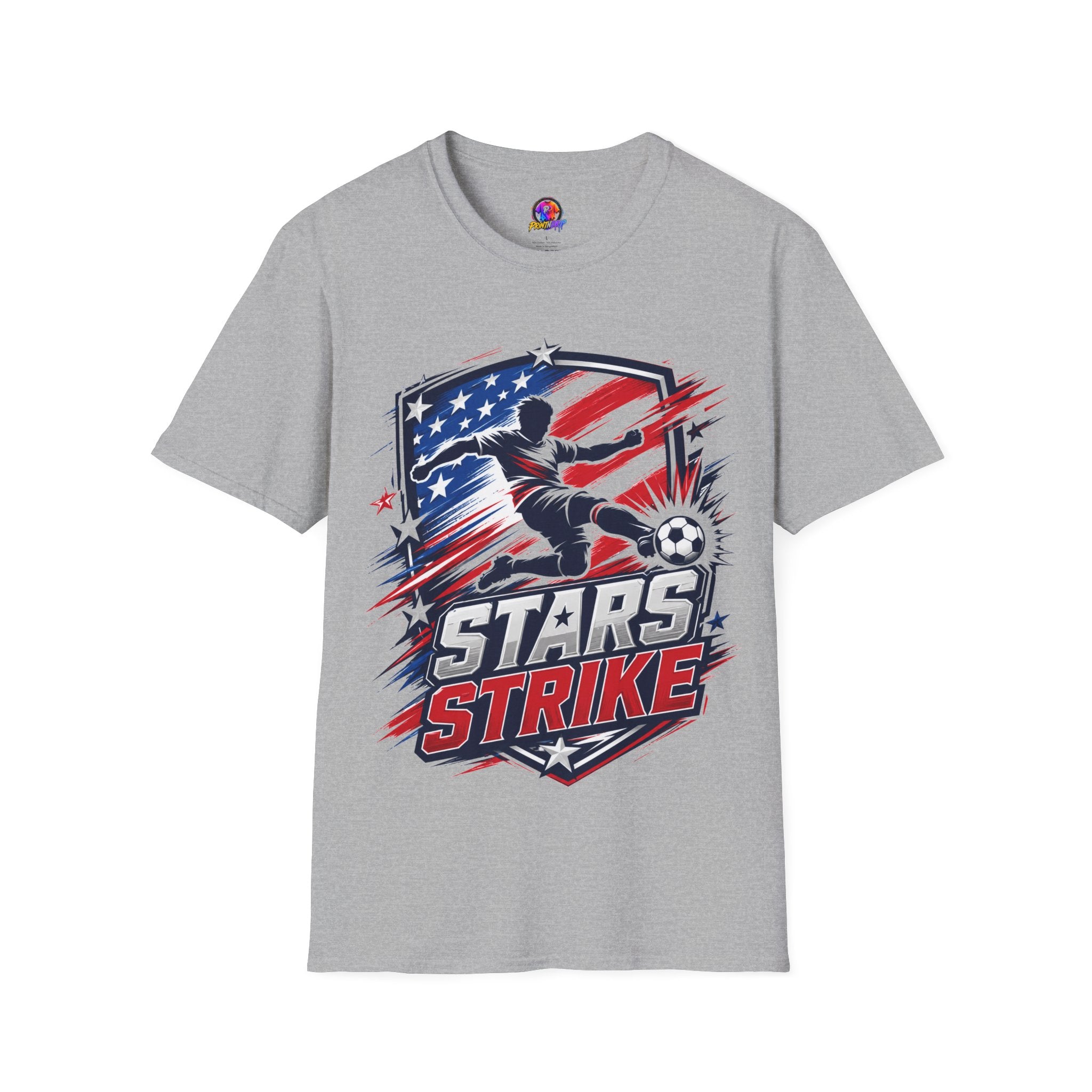 USA Soccer Stars Strike T‑Shirt — American Flag Soccer Player Graphic