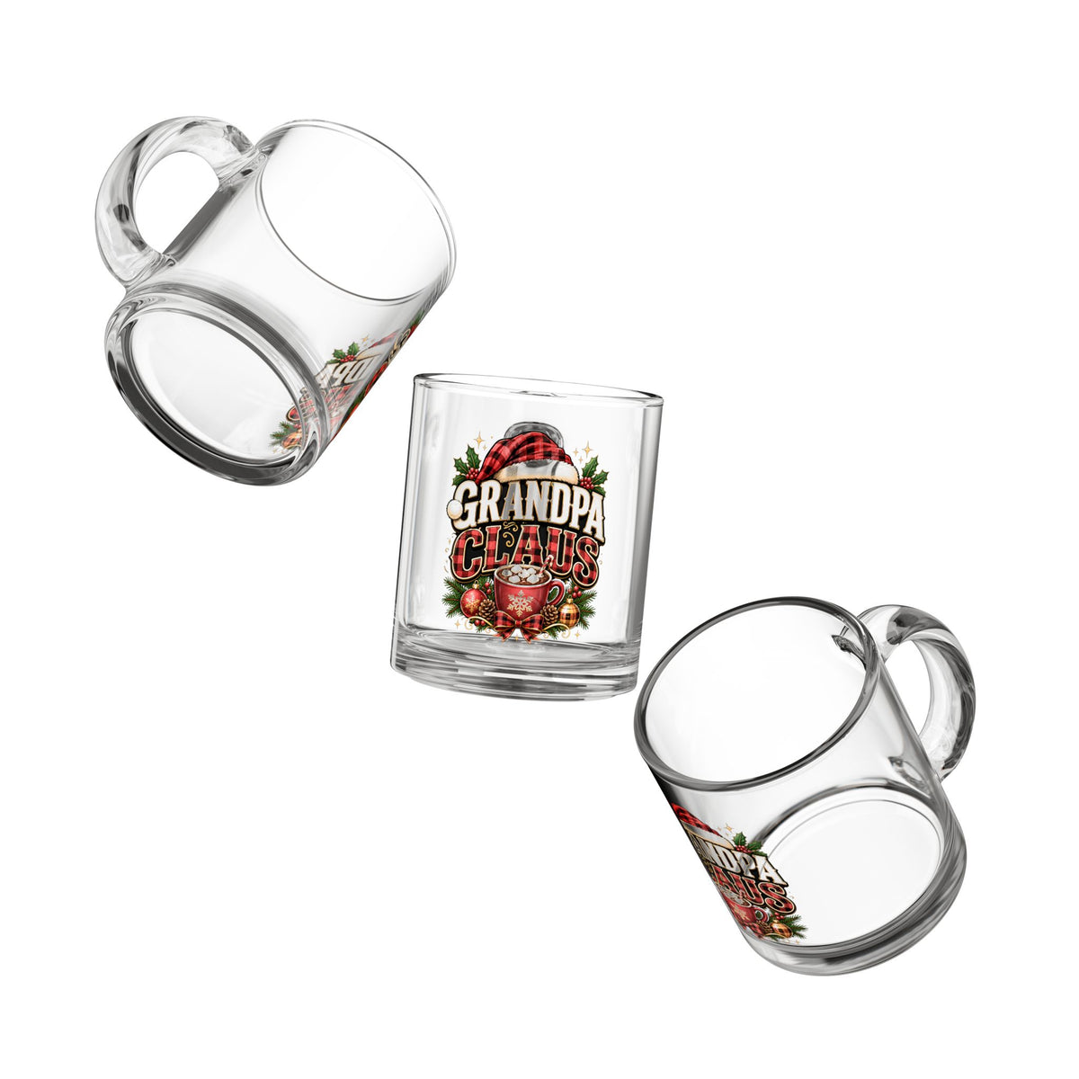 Christmas Glass Mug 10 oz Glass Mug — "Grandpa Claus" Christmas Holiday Glass Coffee Mug (10oz)