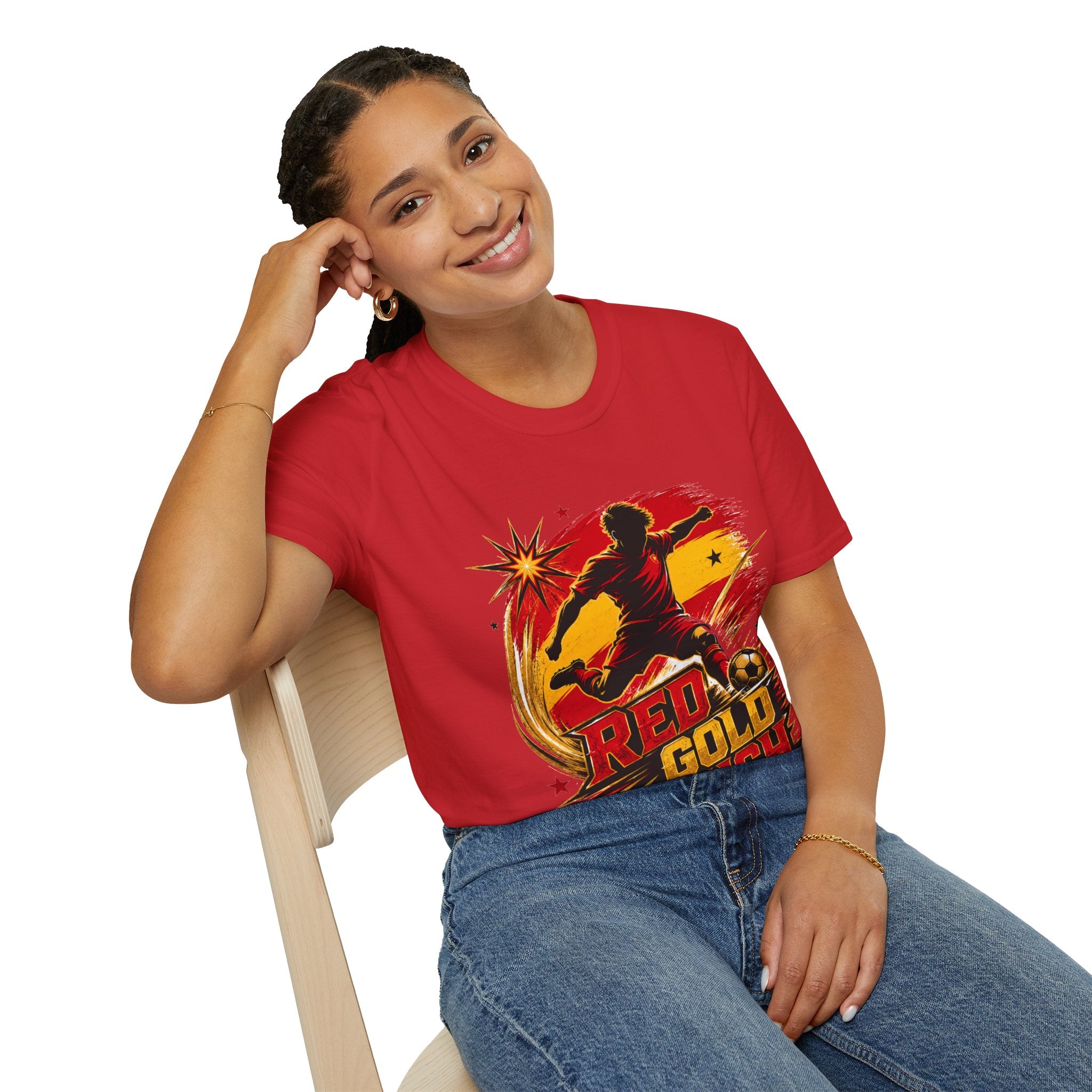 Spain Red & Gold Rush Soccer T-Shirt — Retro Soccer Player Graphic