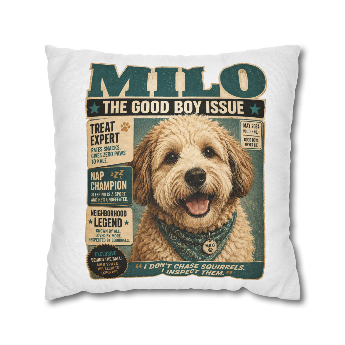 Dog Magazine Cover Pillowcase Milo Bailey Dog Dad Mom– "Milo: The Good Boy Issue" Decorative Throw Pillow