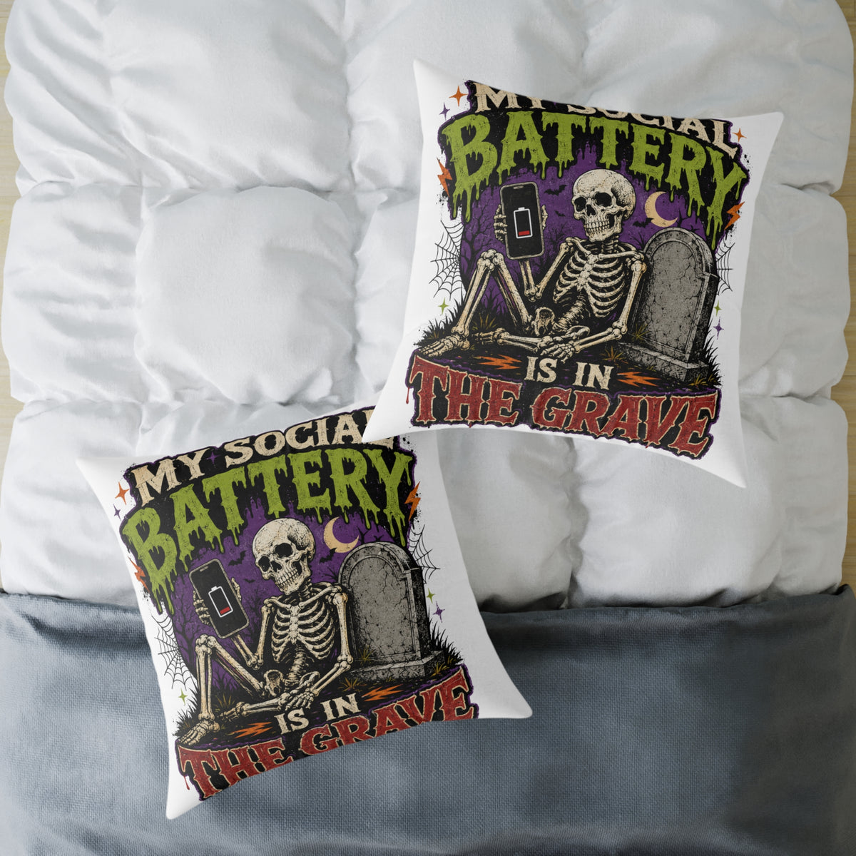 Halloween Skull Pillow — “My Social Battery Is In The Grave” Gothic Decorative Throw Pillow