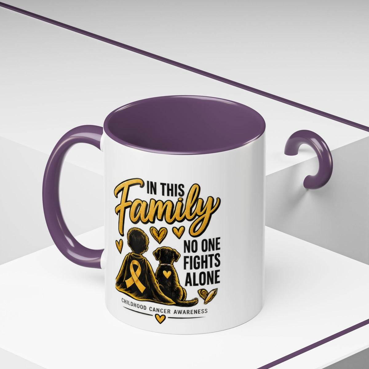 Childhood Cancer Awareness Coffee Mug — "In This Family No One Fights Alone"