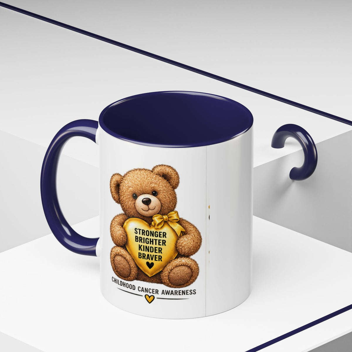 Childhood Cancer Awareness Coffee Mug — 'Stronger Brighter Kinder Braver' Teddy