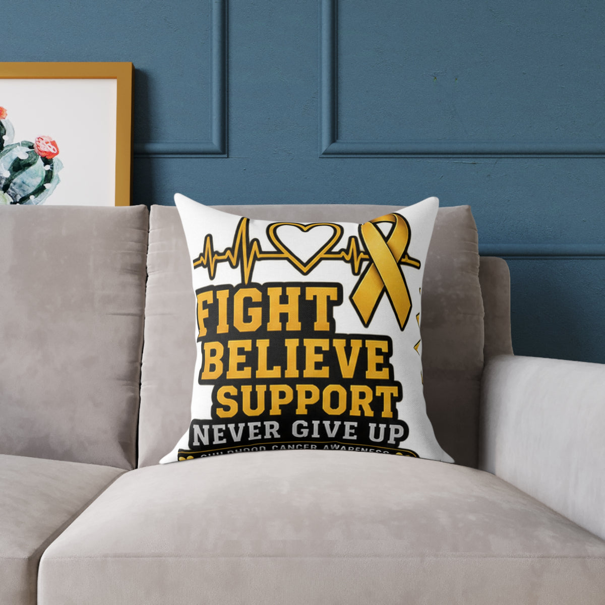 Childhood Cancer Awareness Pillow - "Fight Believe Support Never Give Up" Gold Ribbon Accent