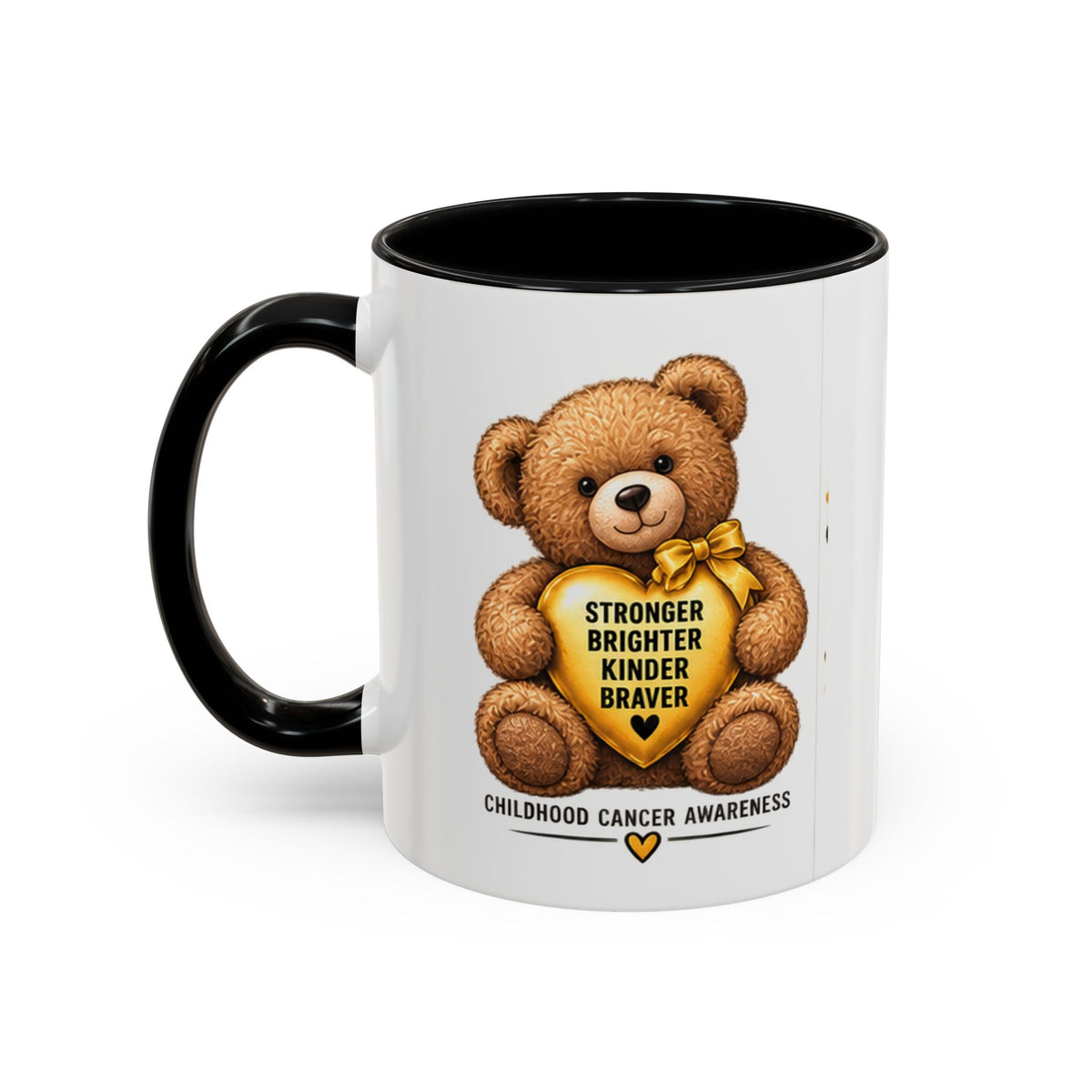 Childhood Cancer Awareness Coffee Mug — 'Stronger Brighter Kinder Braver' Teddy