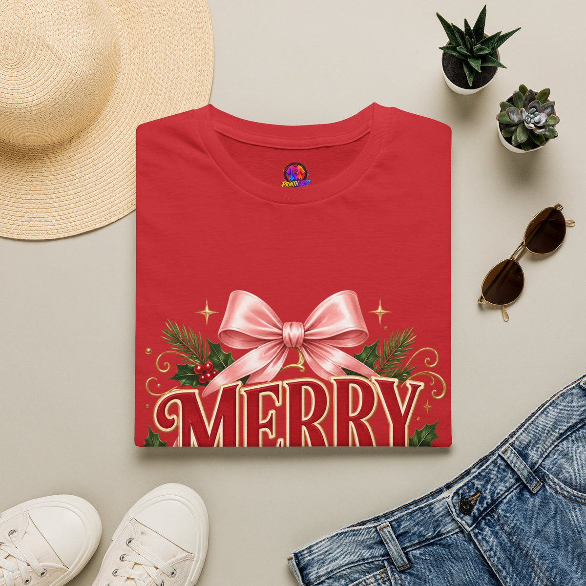 Merry Mama Christmas T-Shirt — Festive Bow & Holiday Greenery Tee