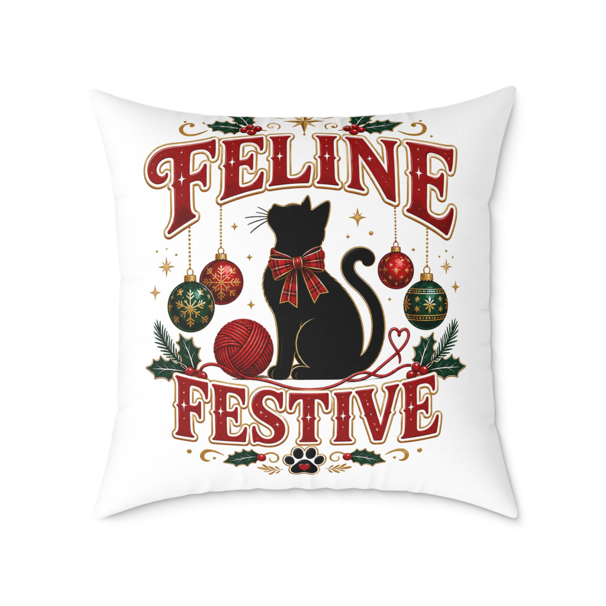 Christmas Feline Festive Square Pillow - Holiday Cat Decor
