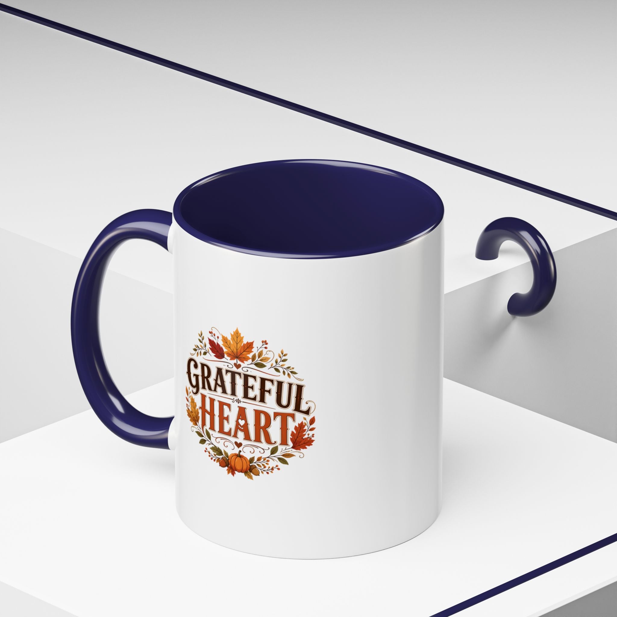 Thanksgiving Mug Grateful Heart Coffee Mug — Fall Leaves Pumpkin Accent Mug