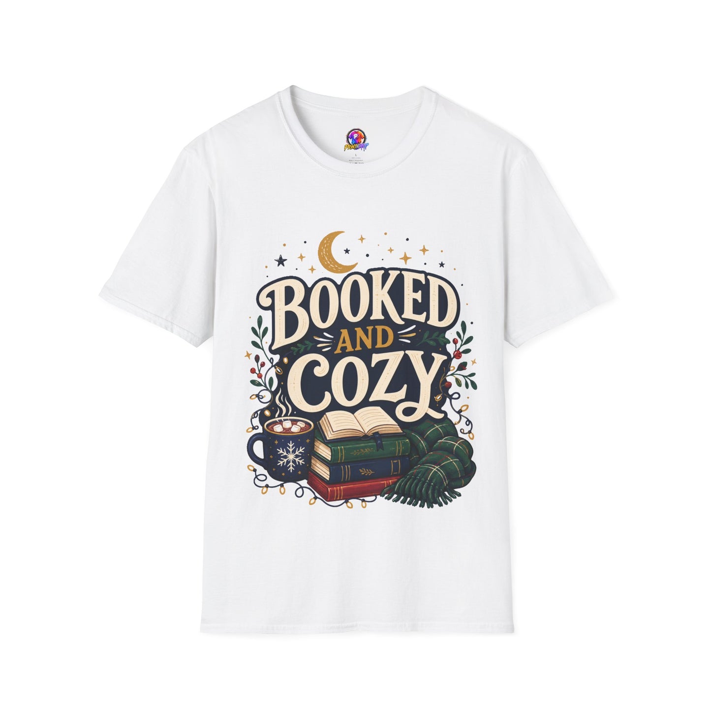 Booked and Cozy T-Shirt — Cozy Reading Graphic Tee (Books, Moon & Stars)