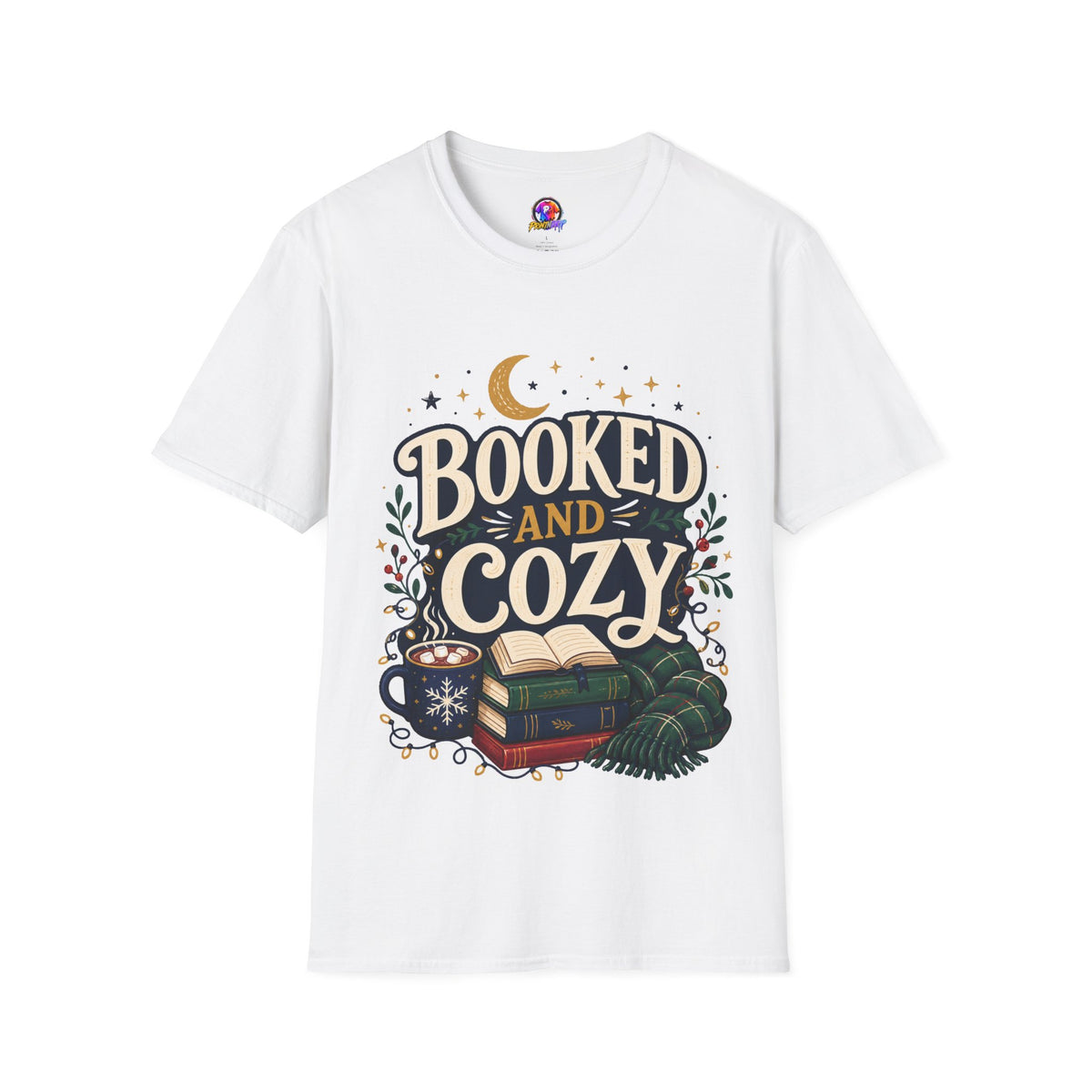 Booked and Cozy T-Shirt — Cozy Reading Graphic Tee (Books, Moon & Stars)