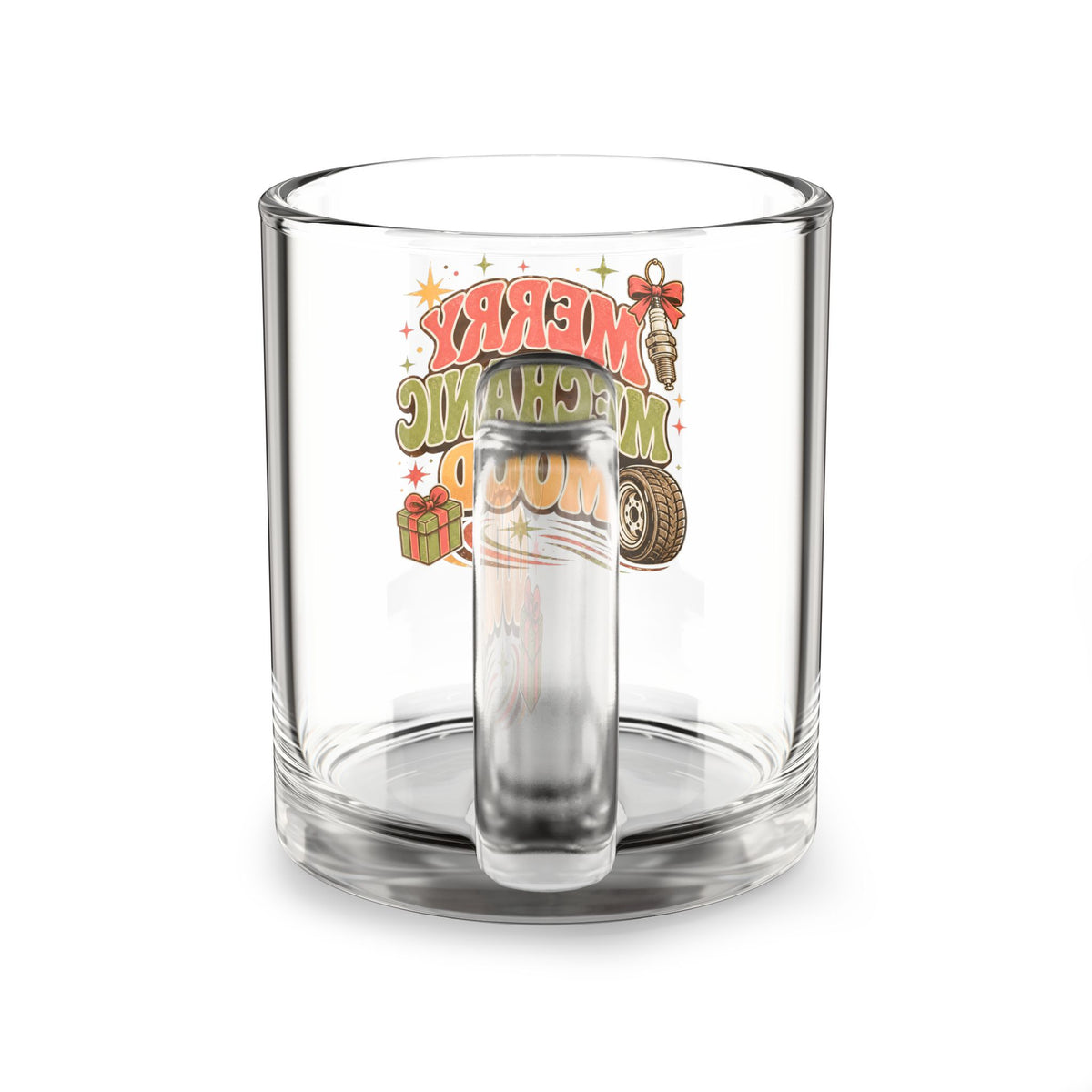 Modern Day Christmas Glass Mug  10oz Merry Mechanic Mood Glass Mug — 10oz Holiday Coffee Cup for Car Lovers