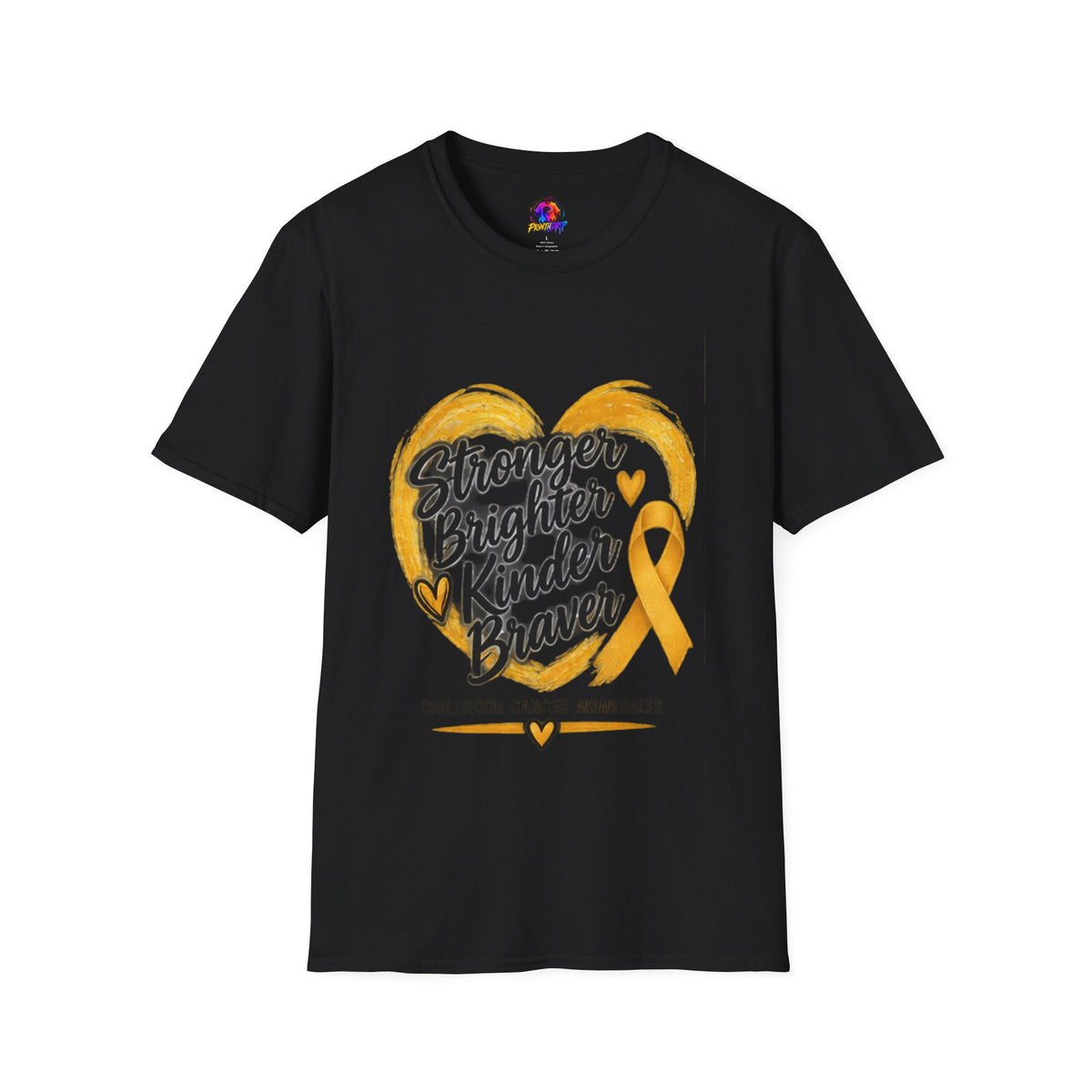 Childhood Cancer Awareness T-Shirt — "Stronger Brighter Kinder Braver" Gold Ribbon