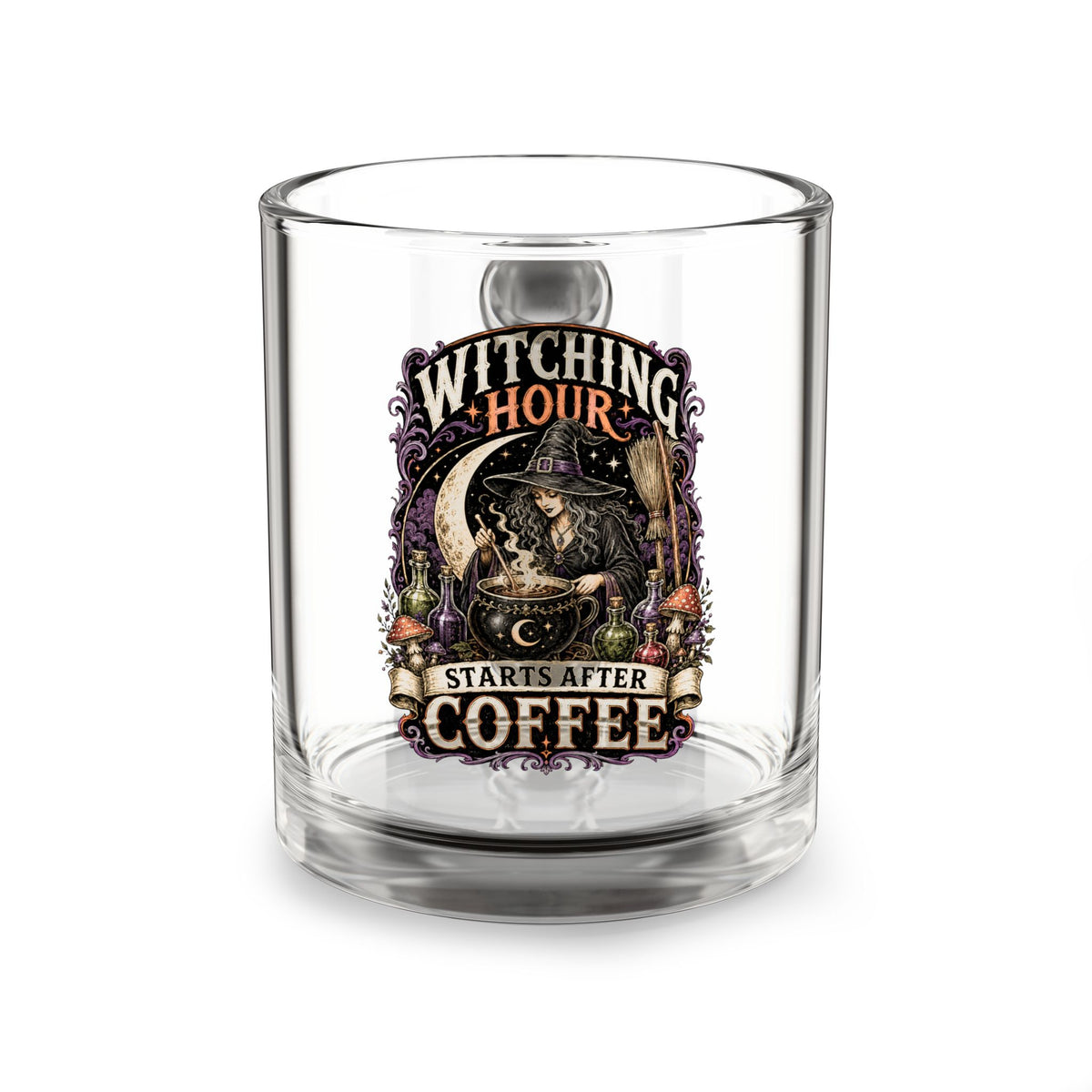 Halloween Glass Mug 10 oz  Glass Mug — "Witching Hour Starts After Coffee" Halloween Witch Coffee Cup