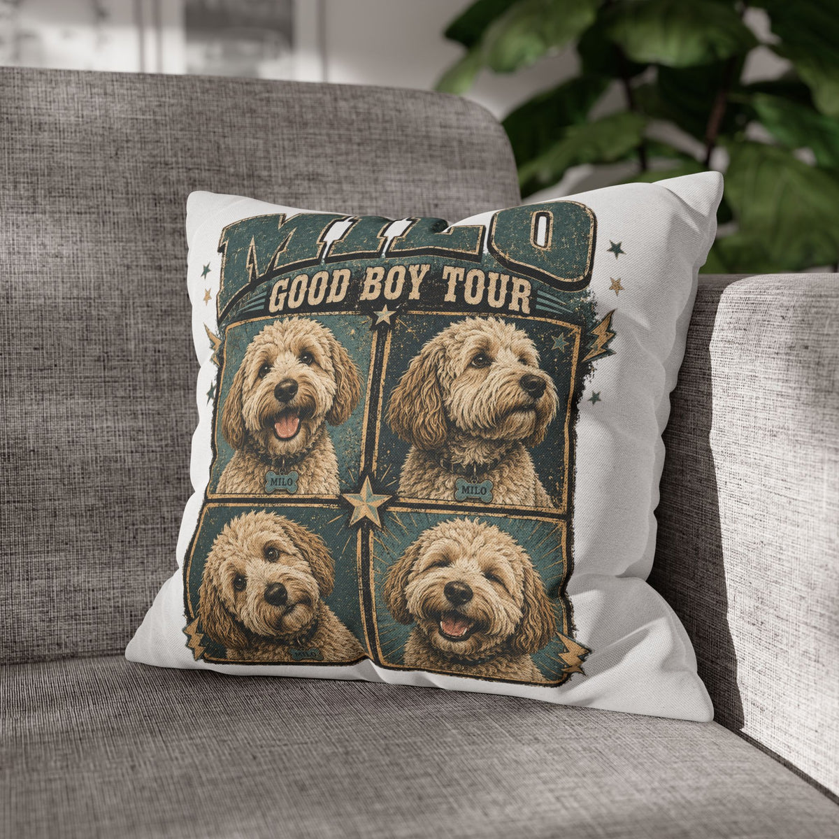 Dog Pillowcase— "MILO Good Boy Tour" Spun Polyester Throw Pillowcase Milo Bailey Dog Dad Mom