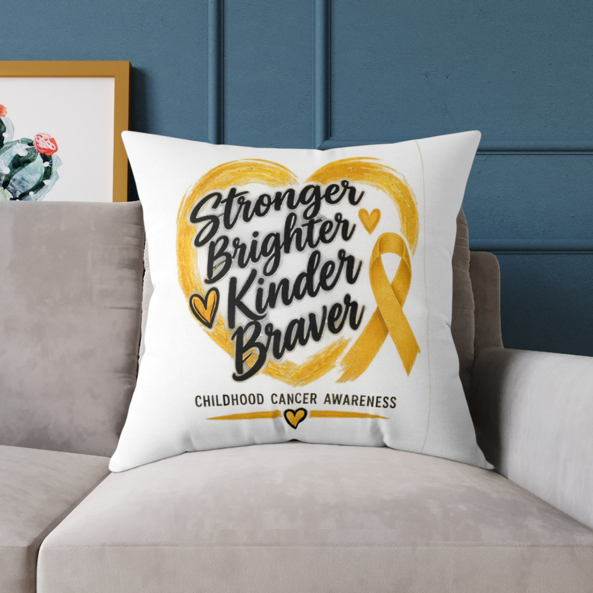 Childhood Cancer Awareness Pillow - "Stronger Brighter Kinder Braver" Gold Ribbon Square Throw Pillow