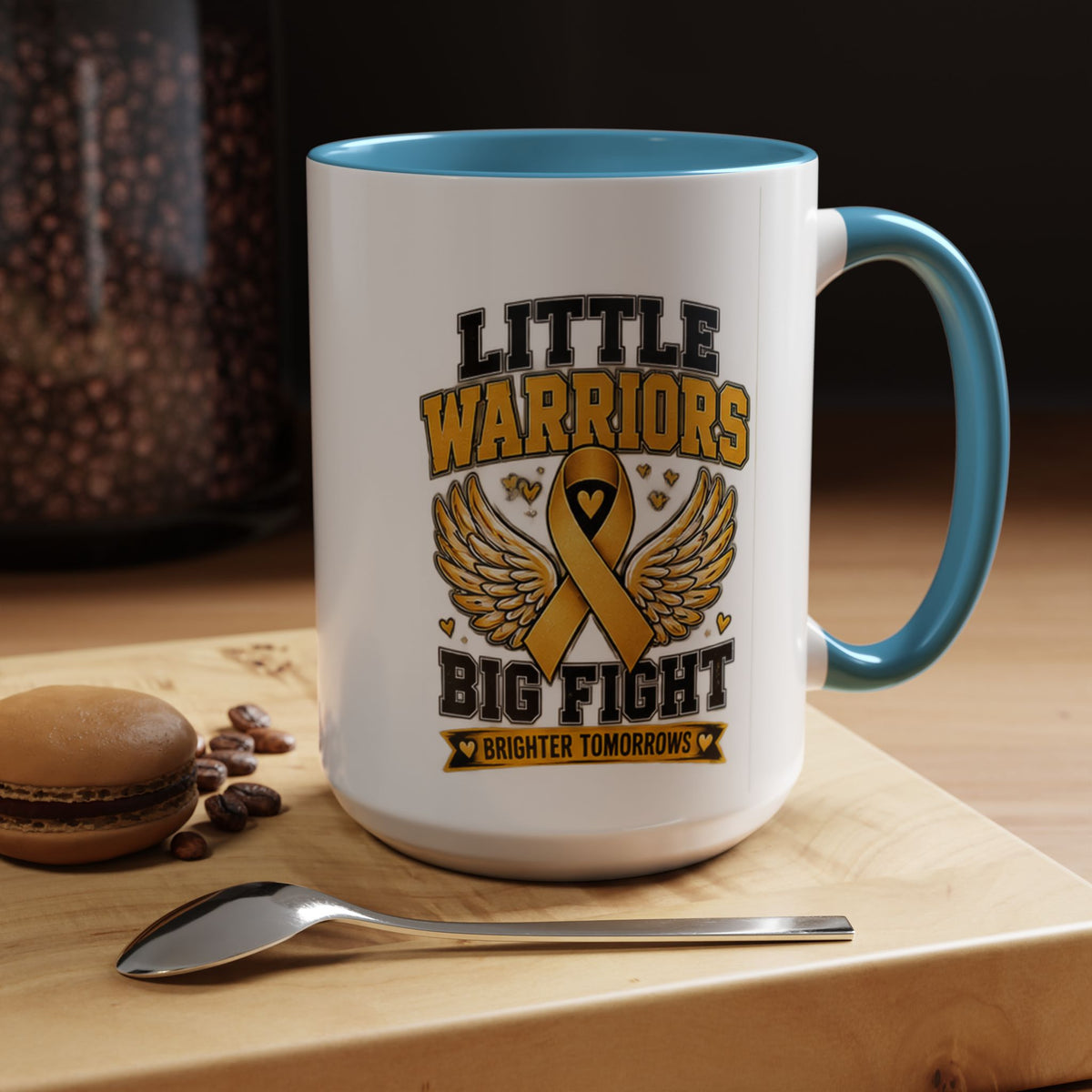Little Warriors Big Fight Childhood Cancer Awareness Coffee Mug — Gold Ribbon Support Accent Mug