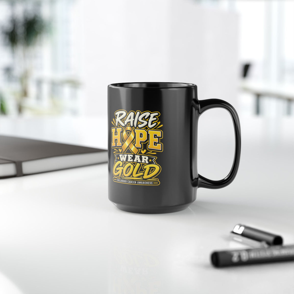 Raise Hope Wear Gold Childhood Cancer Awareness Mug (Black)