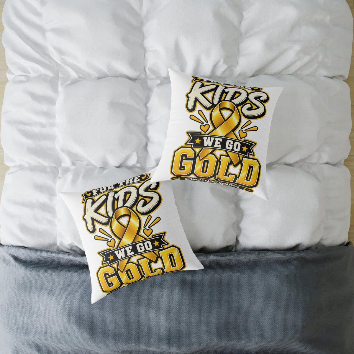 We Go Gold Kids Ribbon Square Throw Pillow — Childhood Cancer Awareness Decor