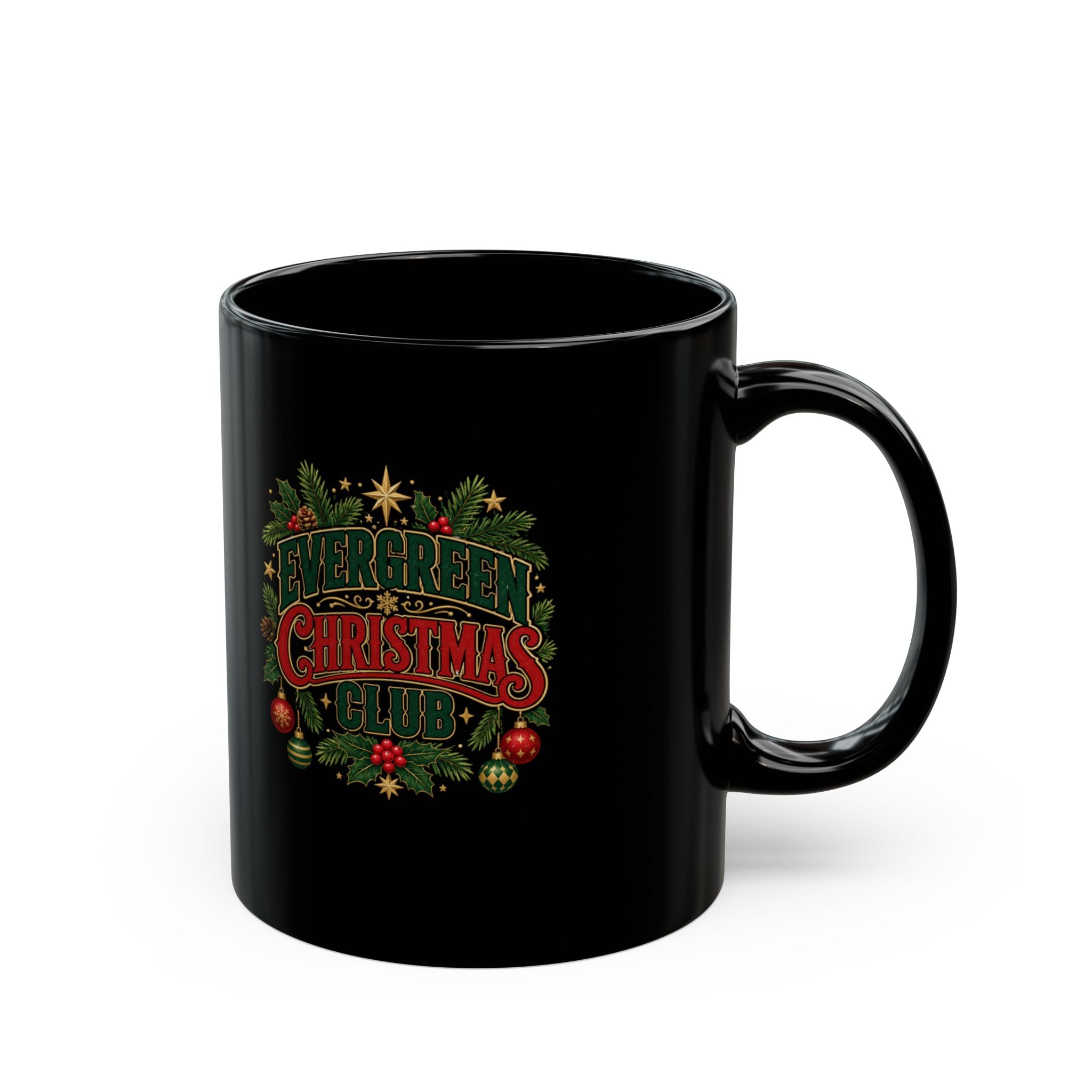 Christmas Mug — 'Evergreen Christmas Club' Festive Black Coffee Cup