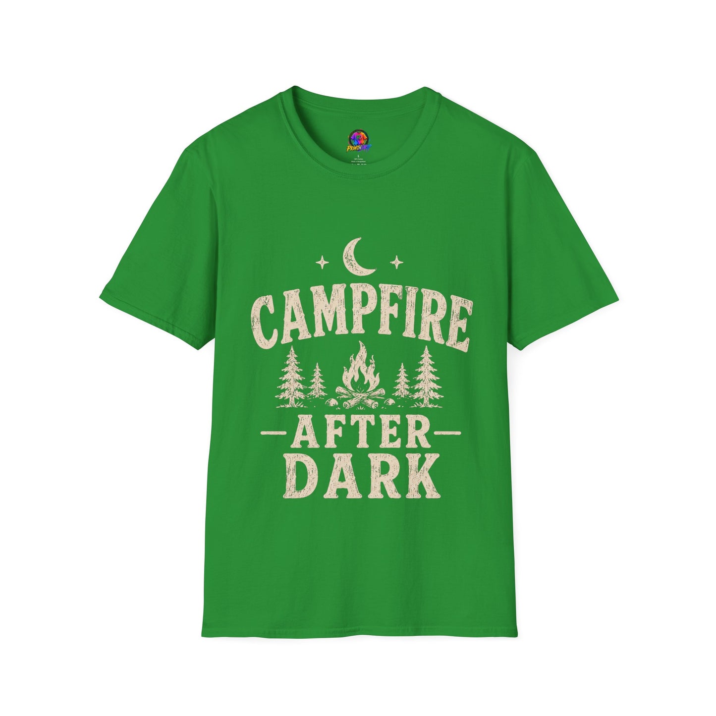 Campfire After Dark T-Shirt — Cozy Camping Moon & Trees Graphic