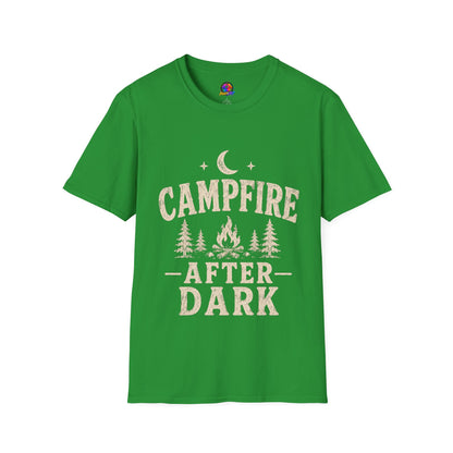 Campfire After Dark T-Shirt — Cozy Camping Moon & Trees Graphic