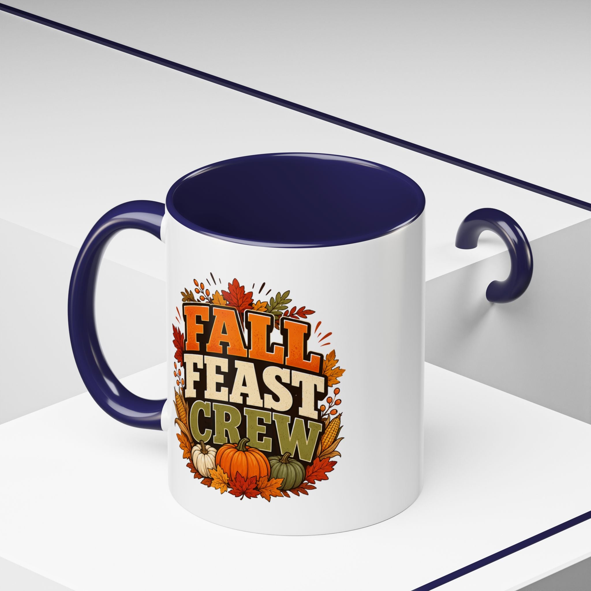 Thanksgiving Mug Fall Feast Crew Coffee Mug — Thanksgiving Pumpkin Autumn Leaves Accent Mug
