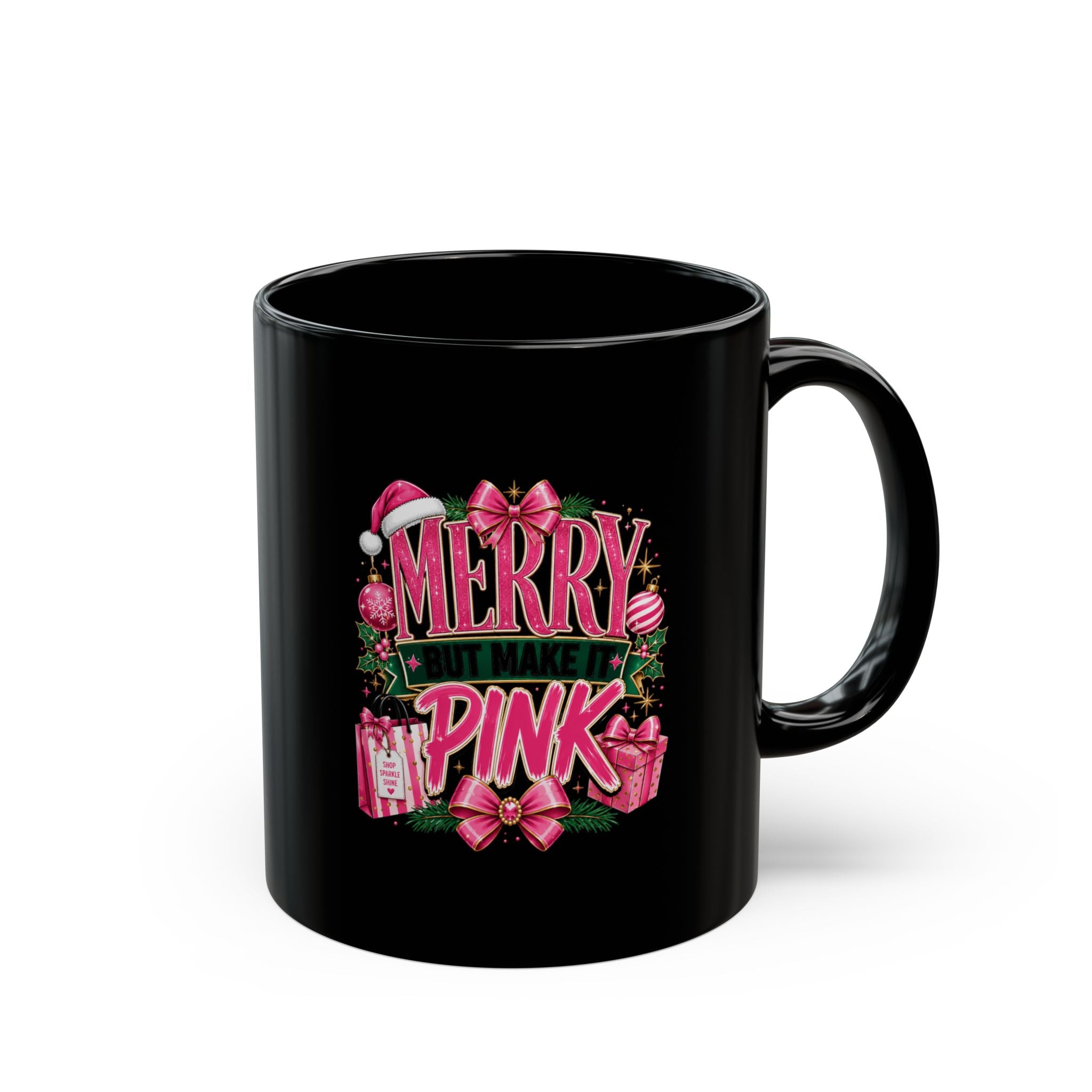 Merry Pink Christmas Mug — Black Holiday Coffee Cup