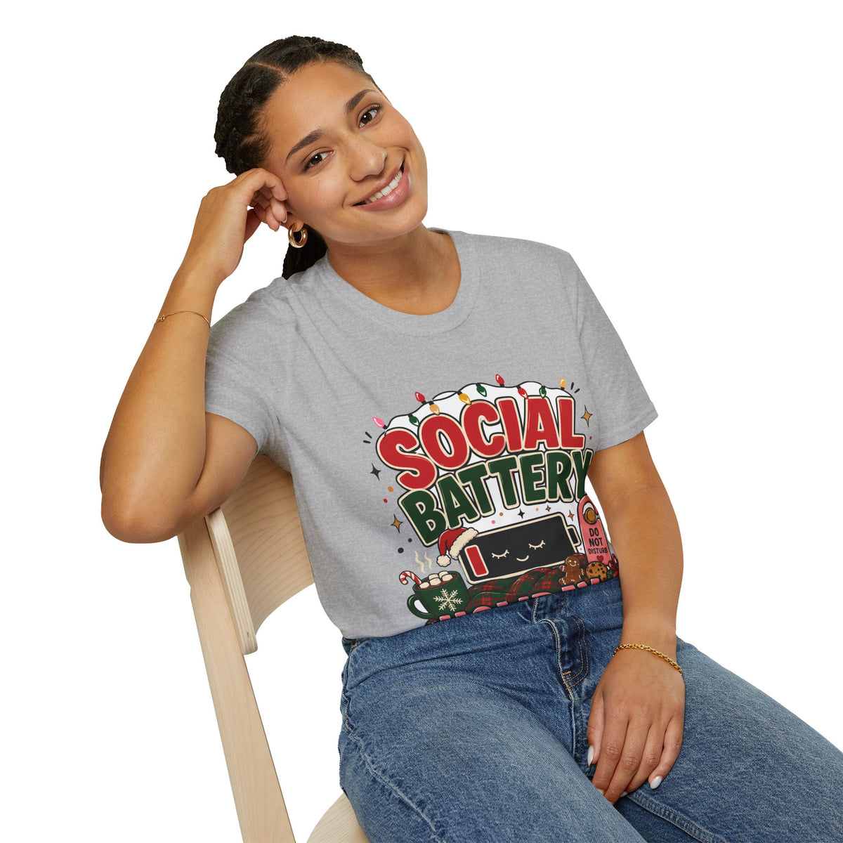 Social Battery Holiday T‑Shirt — Funny Christmas Recharge Graphic Tee