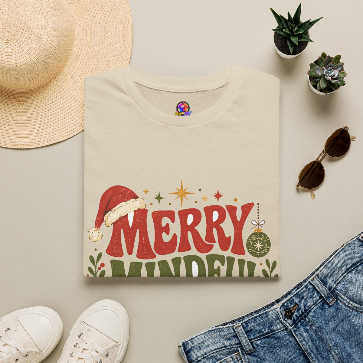 Merry Mindful Mood T-Shirt — Cozy Holiday Christmas Graphic Tee