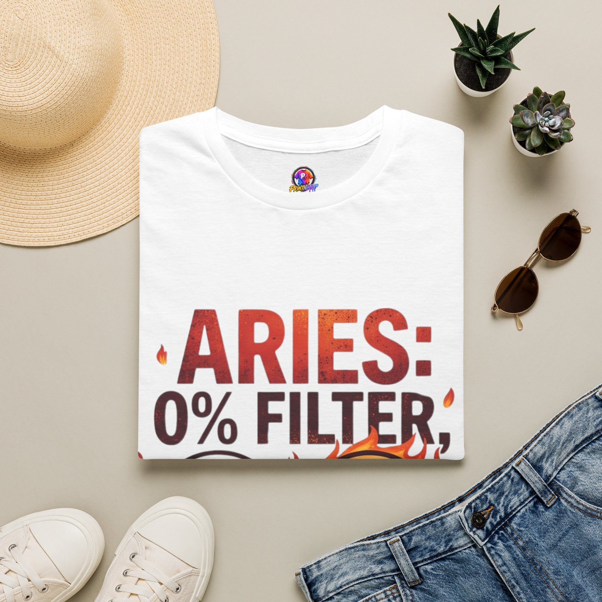 Aries T-Shirt — "Aries: 0% Filter, 100% Fire" Bold Zodiac Tee