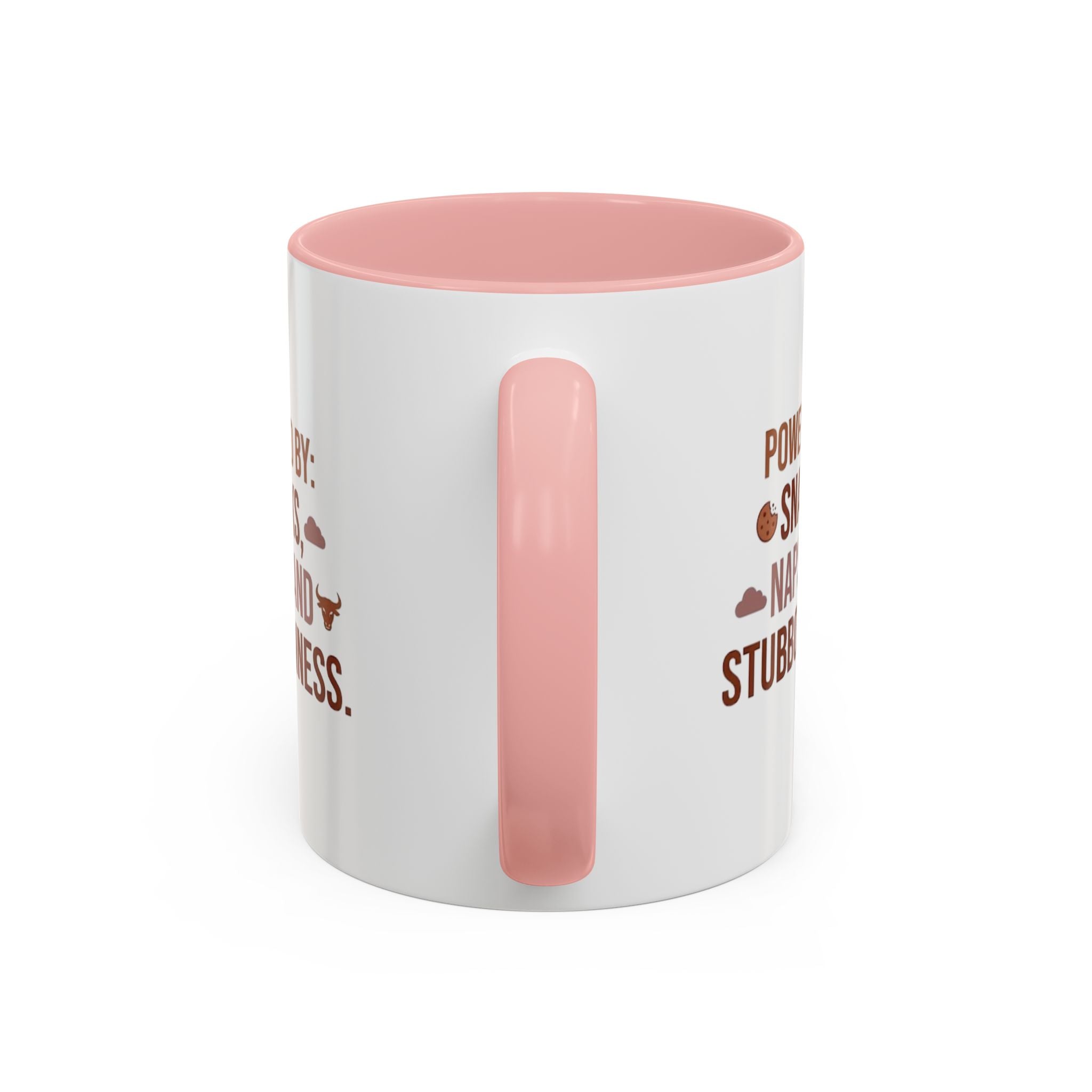 Coffee Mug — "Powered by: Snacks, Naps, and Stubbornness" Ceramic Accent Mug