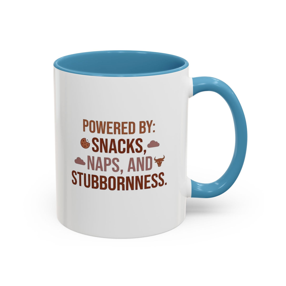 Taurus Coffee Mug - "Powered by Snacks, Naps, and Stubbornness" Accent Ceramic Mug