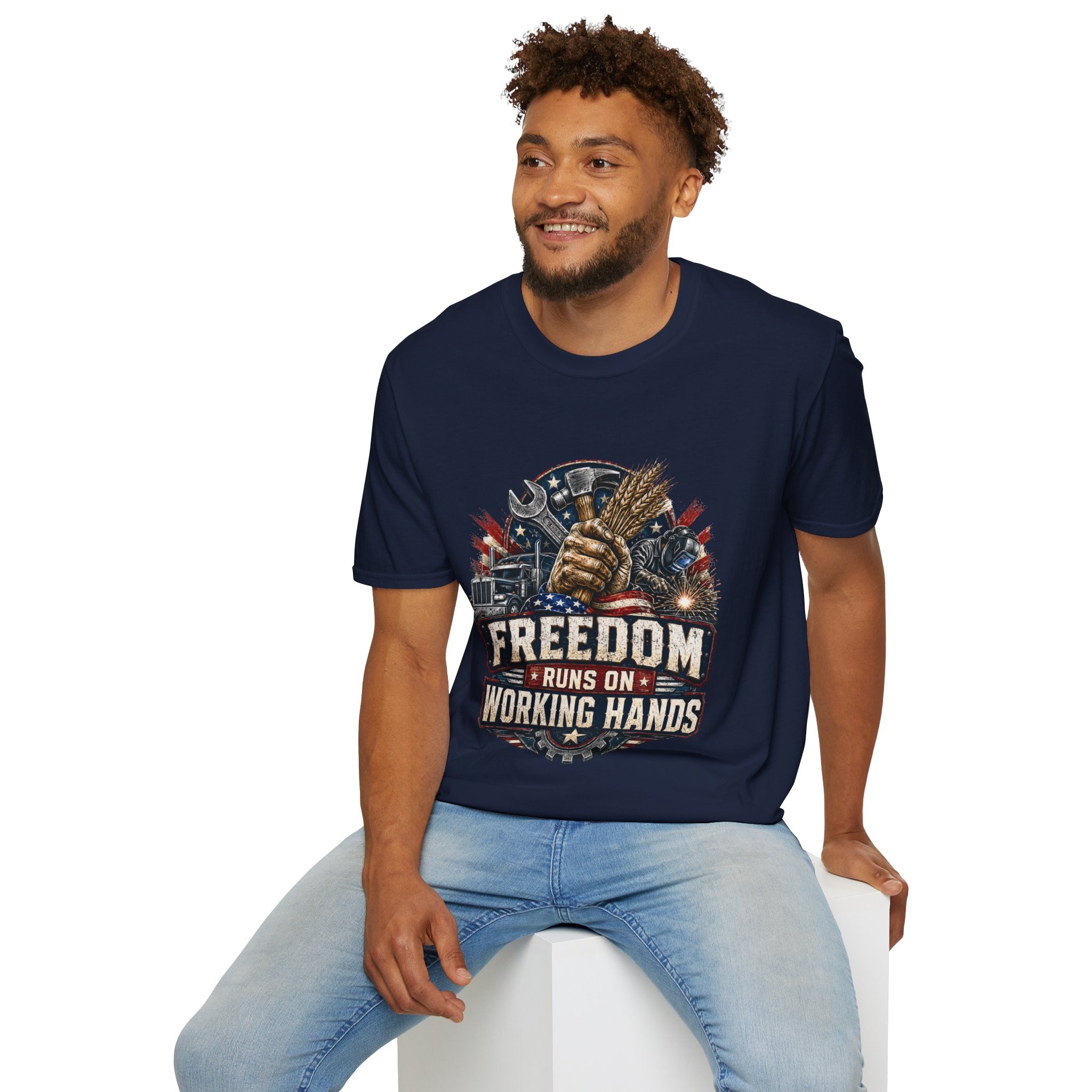 Freedom Runs on Working Hands T-Shirt — Patriotic Mechanic Tool & Wheat Design