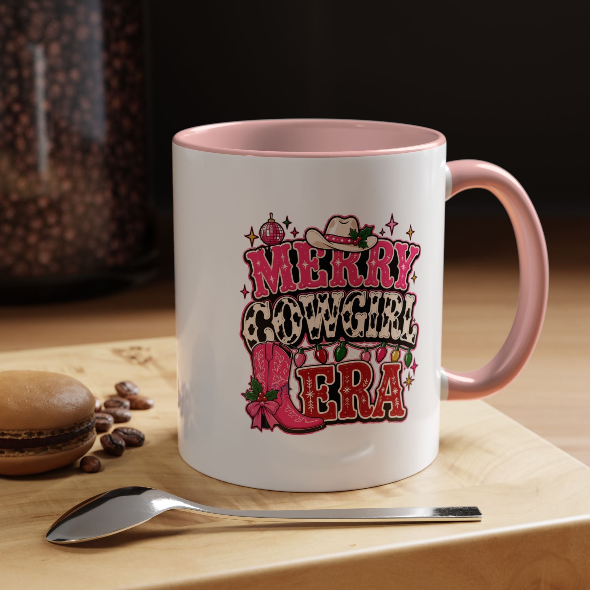 Modern Day Christmas Merry Cowgirl Era Accent Coffee Mug — Festive Pink Western Cowboy Boots & Hat Mug