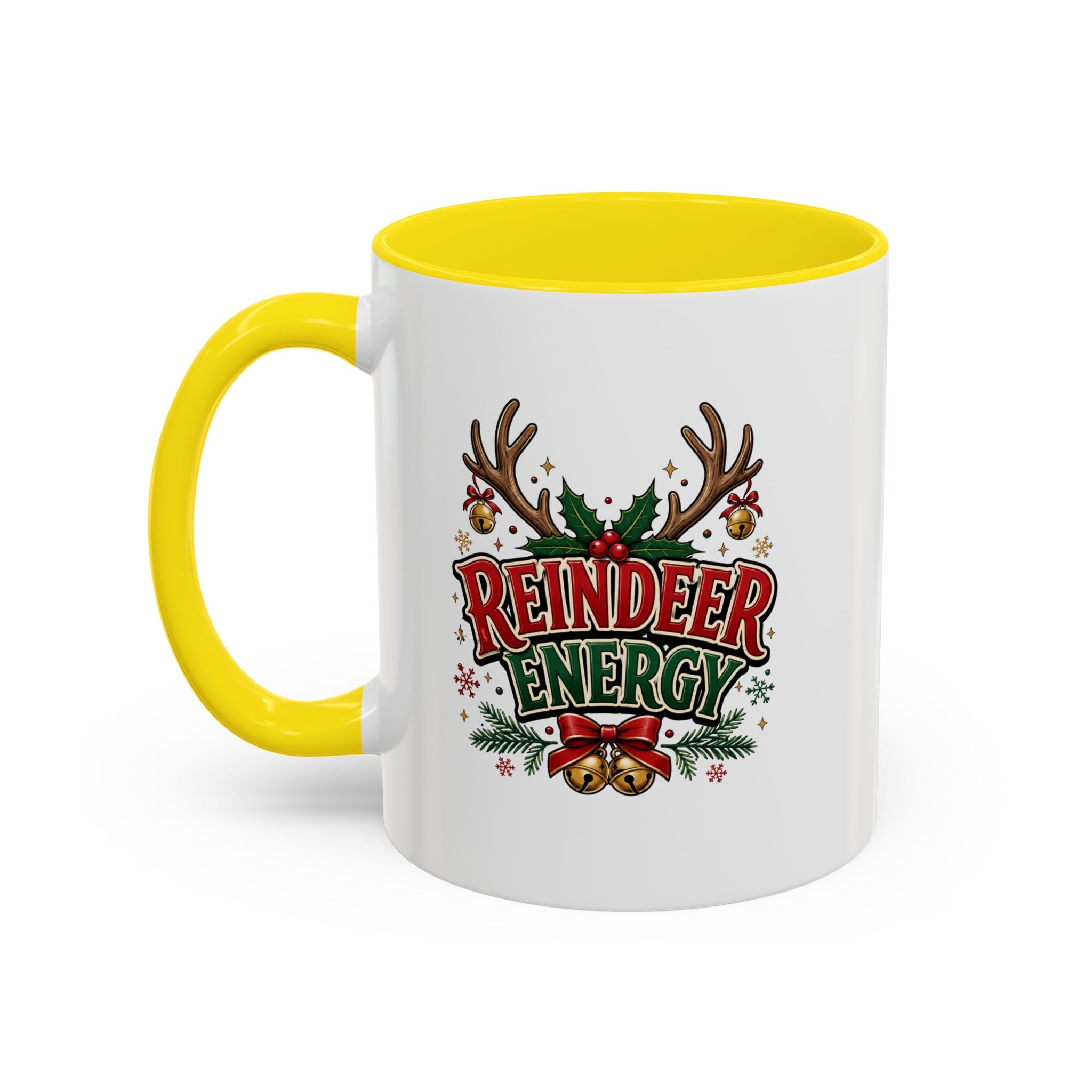 Reindeer Energy Coffee Mug – Holiday Christmas Antlers & Bells Accent Mug