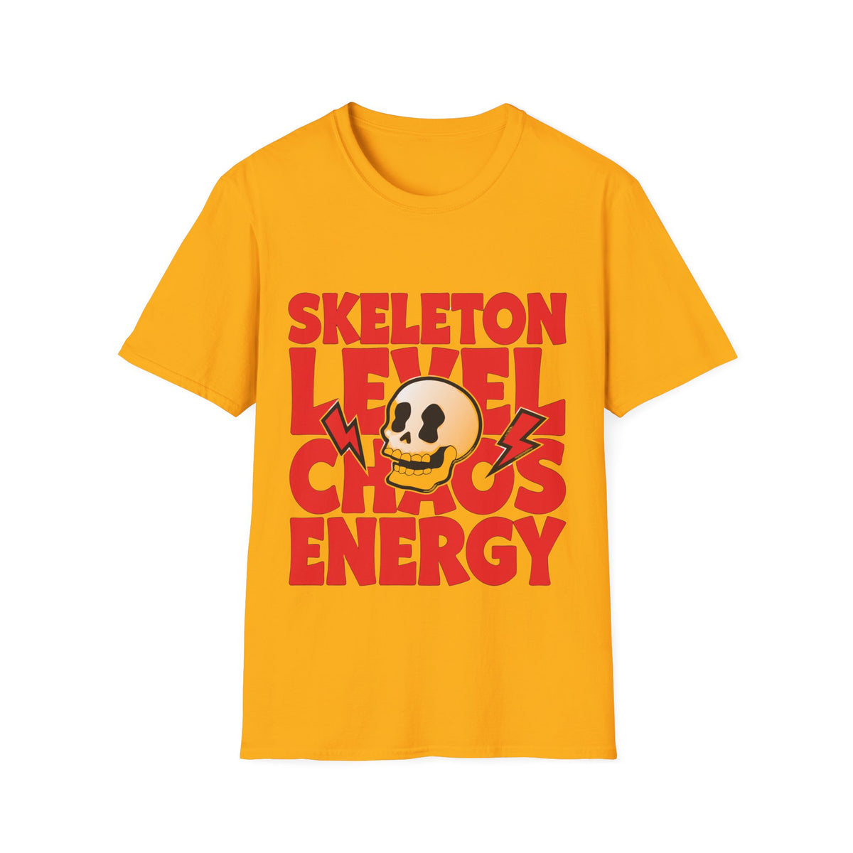 Skeleton Level Chaos Energy Red Block Tee - Bold Skull Lightning Graphic T-Shirt - Trending Now - September 2026