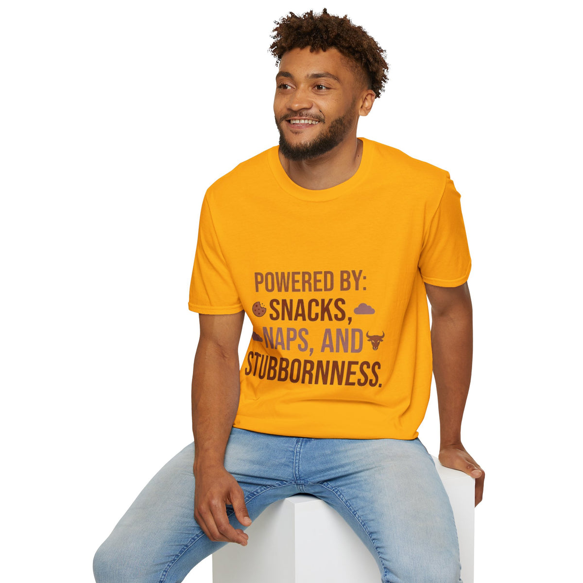 Powered By: Snacks, Naps & Stubbornness T-Shirt — Funny Casual Graphic Tee