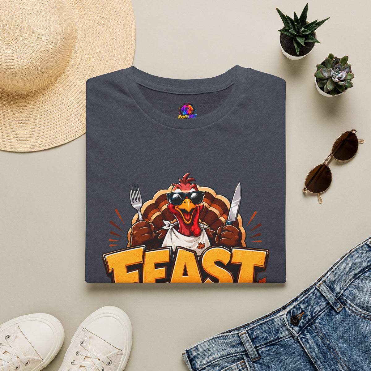 Thanksgiving T-Shirt Feast Mode T-Shirt — Funny Thanksgiving Turkey Graphic Tee