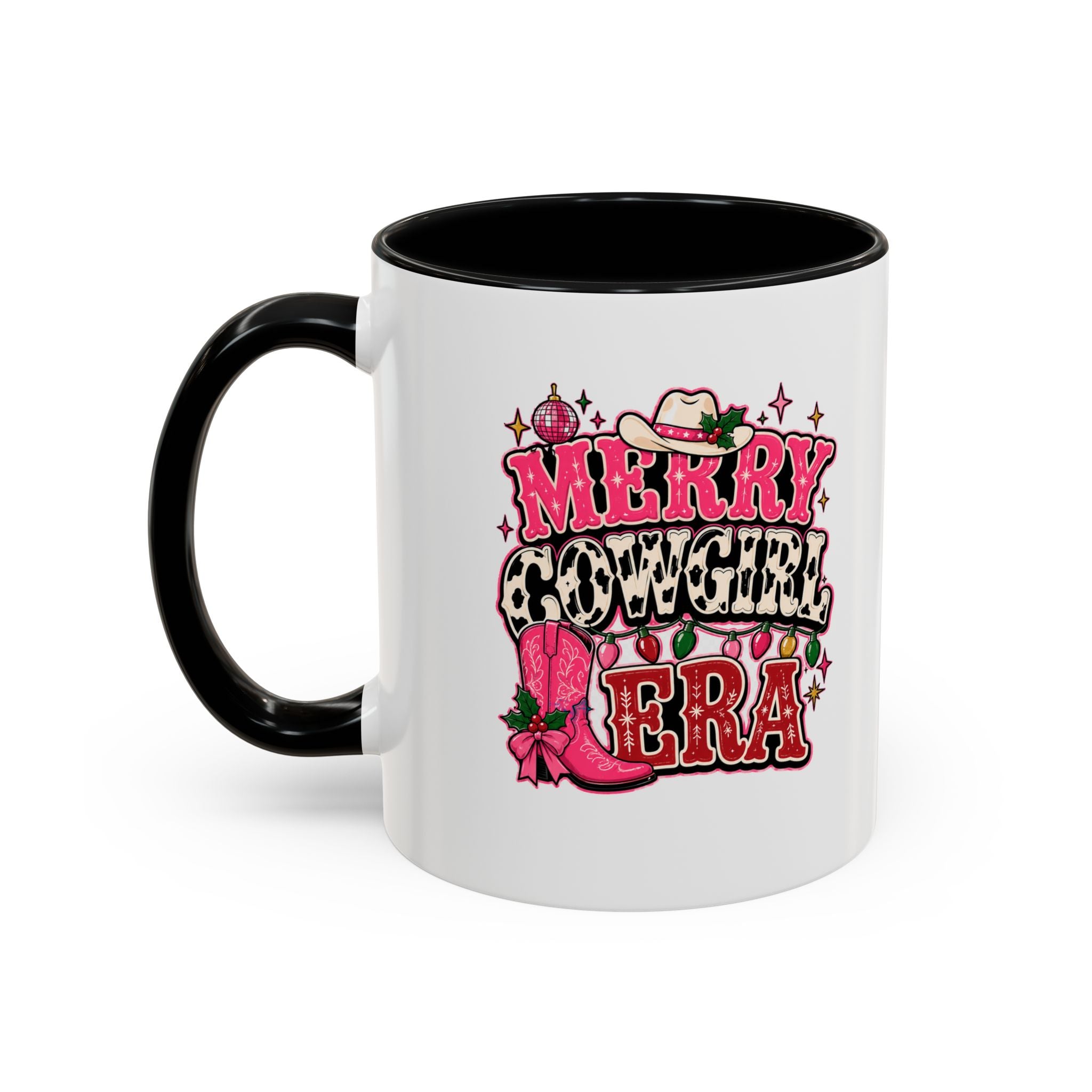 Modern Day Christmas Merry Cowgirl Era Accent Coffee Mug — Festive Pink Western Cowboy Boots & Hat Mug