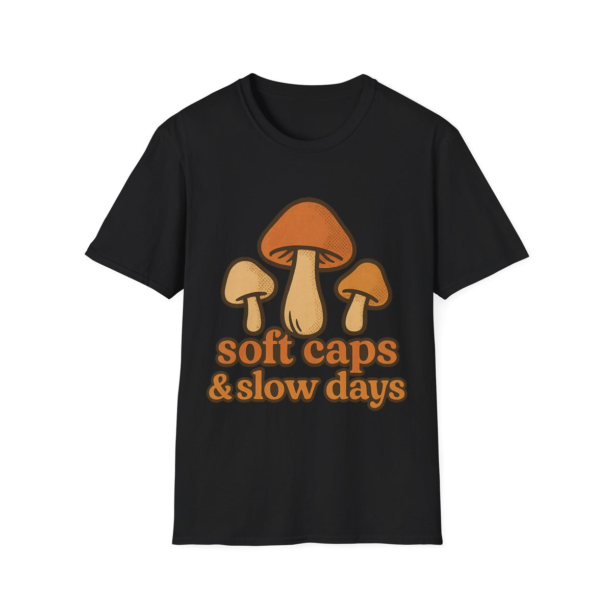 "Soft Caps & Slow Days" Retro Mushroom Tee - Aesthetic Groovy Cottagecore White T-Shirt - Trending Now - September 2026